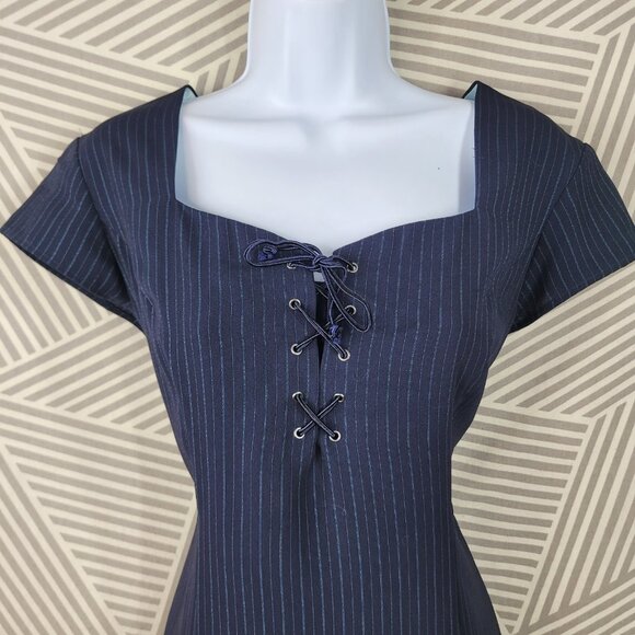 Vintage Sheath Suit Dress Size 8 Alt party Lace Up Navy Pin Stripe Career Goth - Picture 3 of 5